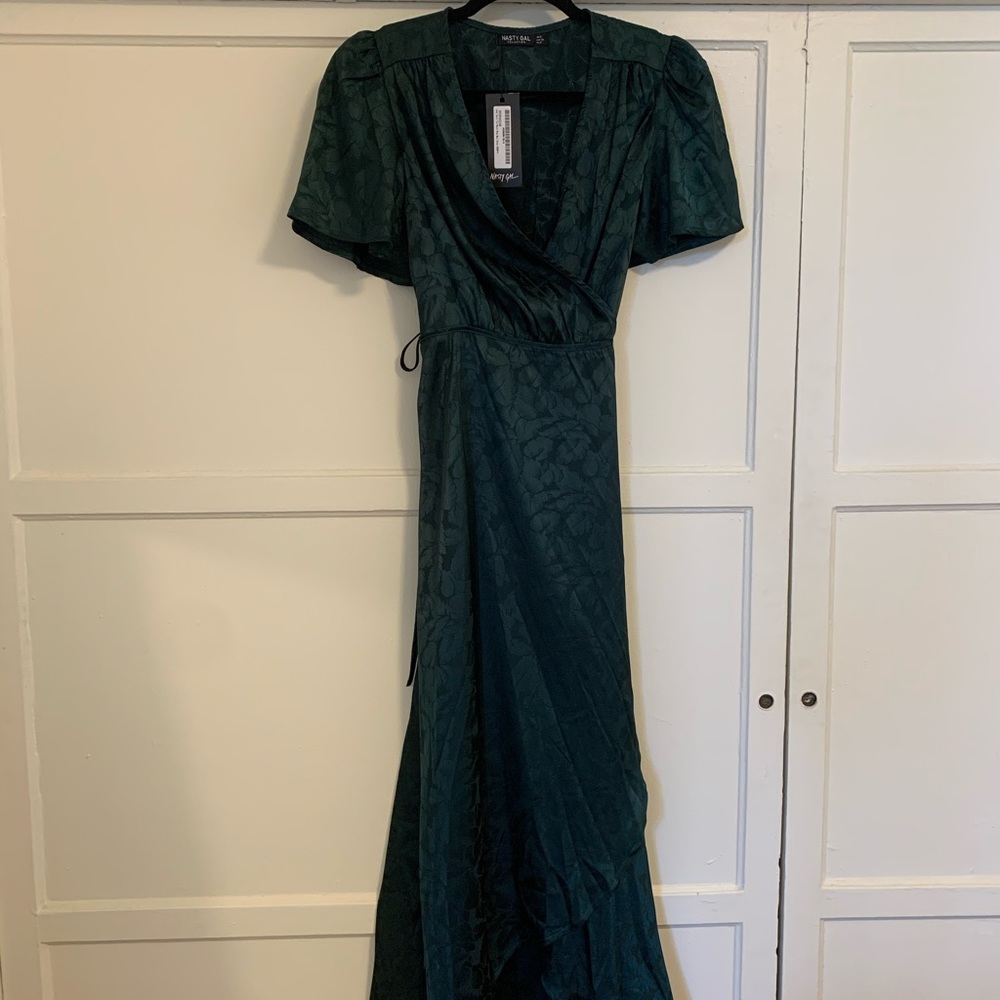 Leaf printed satin tie wrap dress